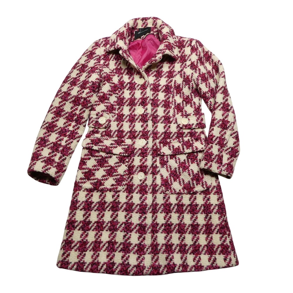 Moda International Coat Womens 4 Pink White Wool Blend Houndstooth Long Lined